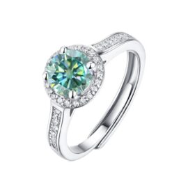 1.0Ct Round Halo Green Moissanite Engagement Ring