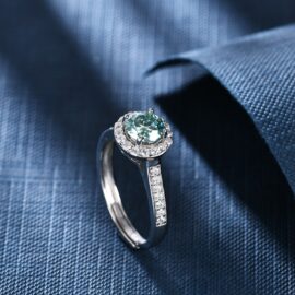 1.0Ct Round Halo Green Moissanite Engagement Ring