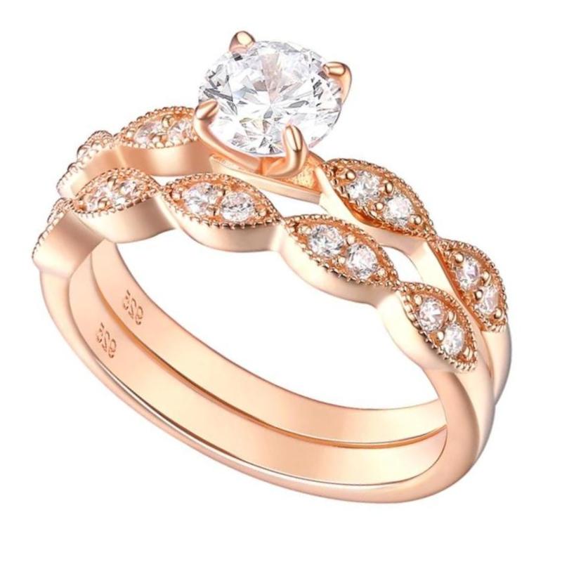 Rose Gold, 7 Onefa Hot Sale 2019 New Women Diamond Silver & Rose Gold Filed Silver Wedding Engagement Floral Ring Set Rose Gold-Plated Color Separation Jewelry Simple Plated Ring 