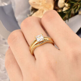 Gold Plated 925 Sterling Silver Princess Cut CZ Wedding Rings Set