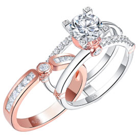 Rose Gold Round Cut Simulated Diamond CZ Engagement Ring Set