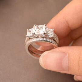Three-Stone Princess Cut CZ  Wedding Rings Set